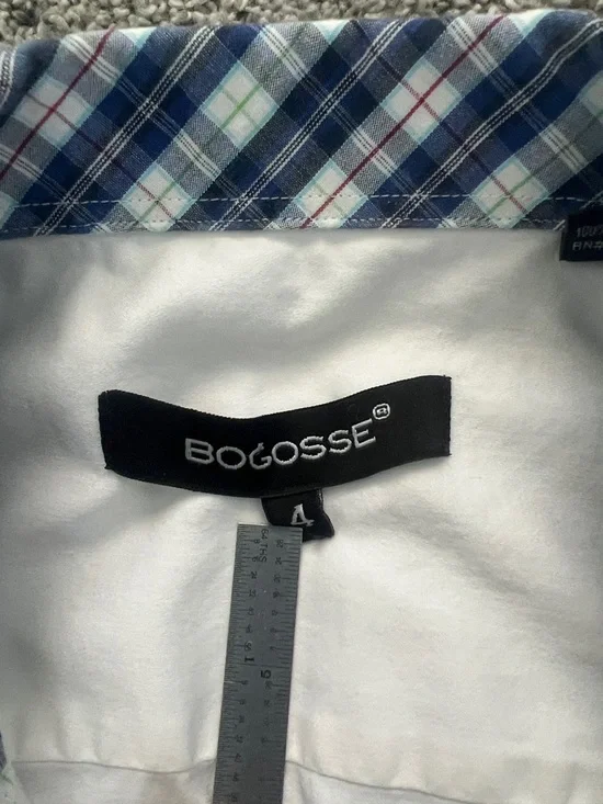 Bogosse White Men's Button-Down Shirt with Blue Plaid Trim Flip Cuffs Size 4 (L) - Picture 9 of 15